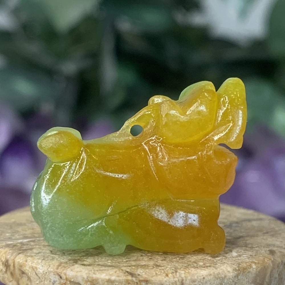 Green Honey Yellow Natural Burma Jade Jadeite Pixiu Pendant Mythical Beast 1.2"